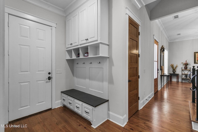 mudroom with dark wood-type flooring and crown molding