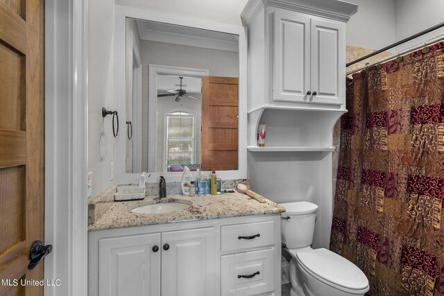 213 Ironwood Plantation Blvd, Madison, MS 39110 - bathroom with vanity, a ceiling fan, toilet, and a shower with curtain
