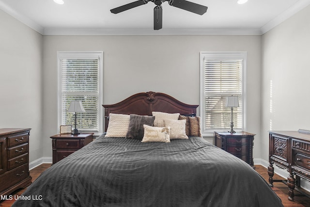 bedroom featuring ornamental molding, dark hardwood / wood-style floors, and ceiling fan