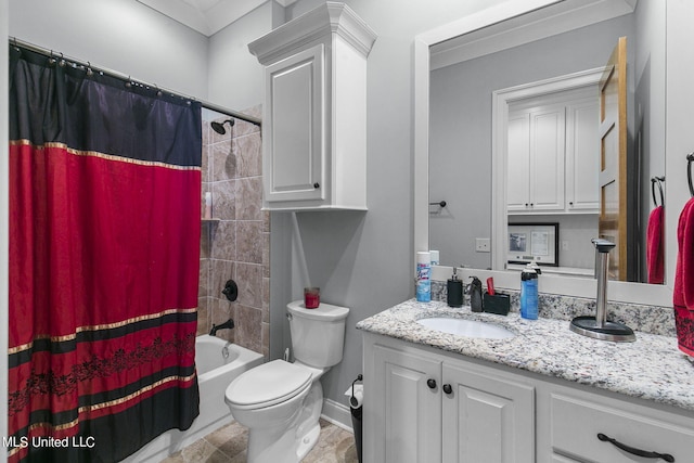 full bathroom with vanity, toilet, crown molding, and shower / bathtub combination with curtain