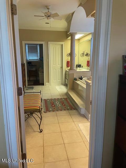 806 Viney Ridge Rd, Clarksdale, MS 38614 - bathroom with tile patterned flooring, crown molding, ornate columns, and a ceiling fan
