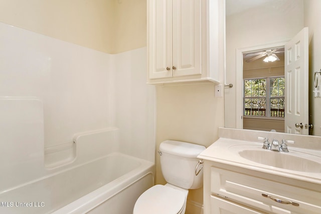 full bathroom with vanity, toilet, shower / bath combination, and ceiling fan