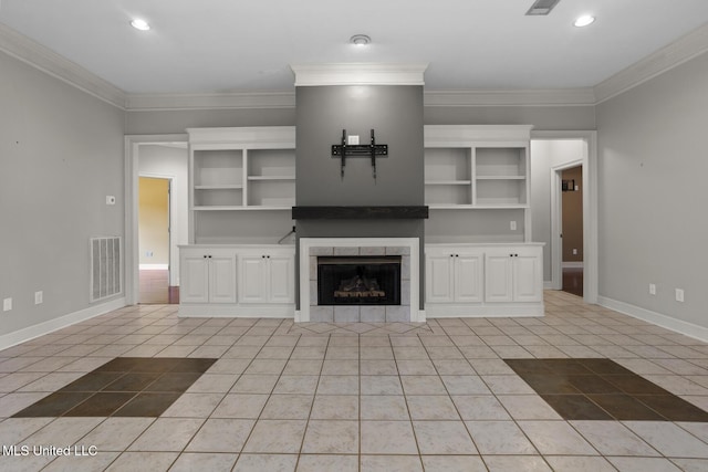 415 Spike Rdg, Canton, MS 39046 - unfurnished living room with light tile patterned flooring, baseboards, a tiled fireplace, crown molding, and recessed lighting