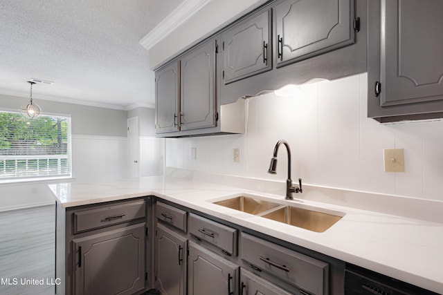 5415 Sollie Cv, Horn Lake, MS 38637 - kitchen featuring a peninsula, a sink, a textured ceiling, and gray cabinets