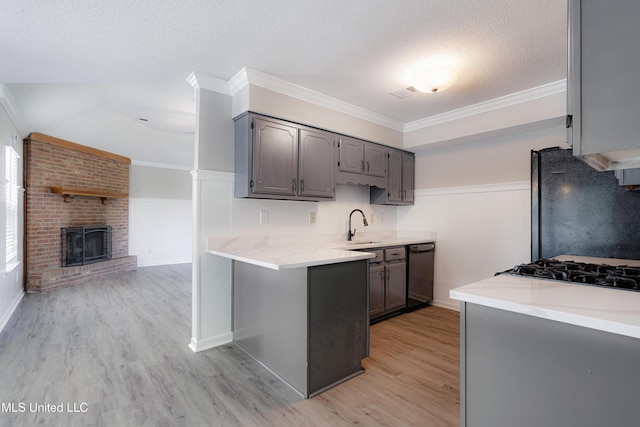 5415 Sollie Cv, Horn Lake, MS 38637 - kitchen featuring dishwasher, gray cabinetry, a fireplace, light wood-style flooring, and a textured ceiling