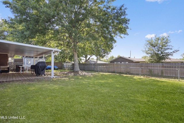 view of yard with a fenced backyard and a wooden deck