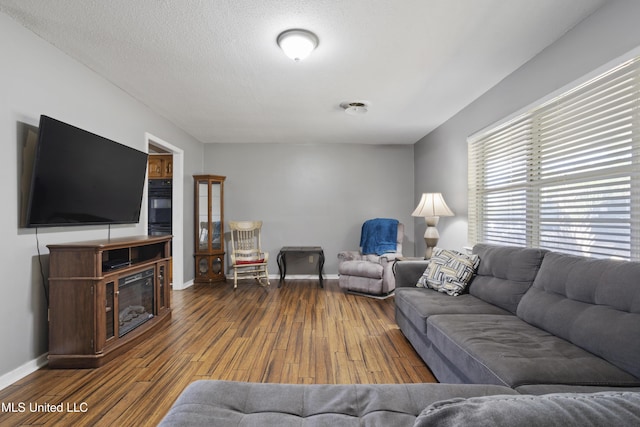 living area featuring a glass covered fireplace, baseboards, and wood finished floors