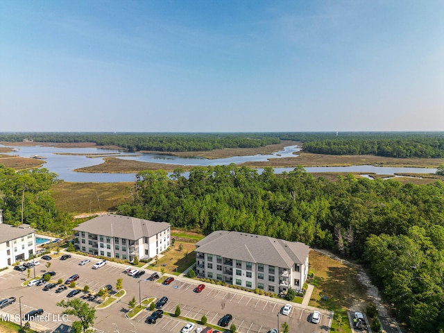 bird's eye view with a water view