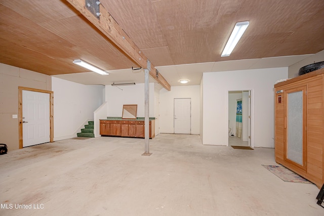 basement with wood ceiling