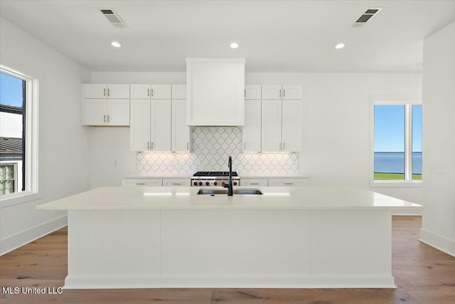 kitchen featuring white cabinetry, a center island with sink, and light hardwood / wood-style floors