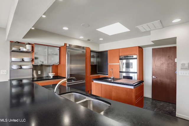 kitchen with a skylight, appliances with stainless steel finishes, sink, and a kitchen island