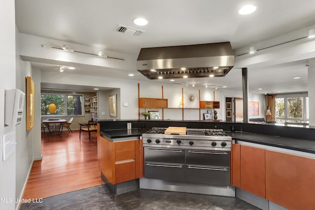 kitchen featuring wall chimney exhaust hood, dark hardwood / wood-style floors, high end stainless steel range oven, and plenty of natural light