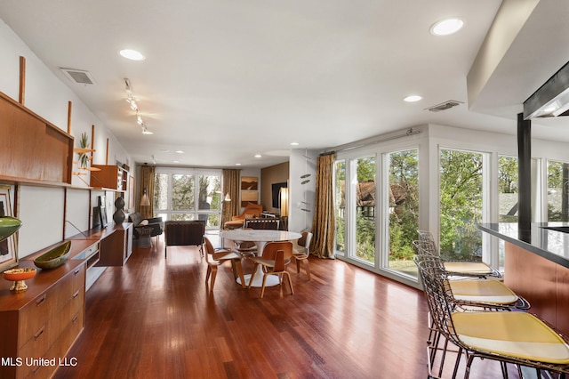 dining room featuring a healthy amount of sunlight, dark wood-type flooring, and rail lighting