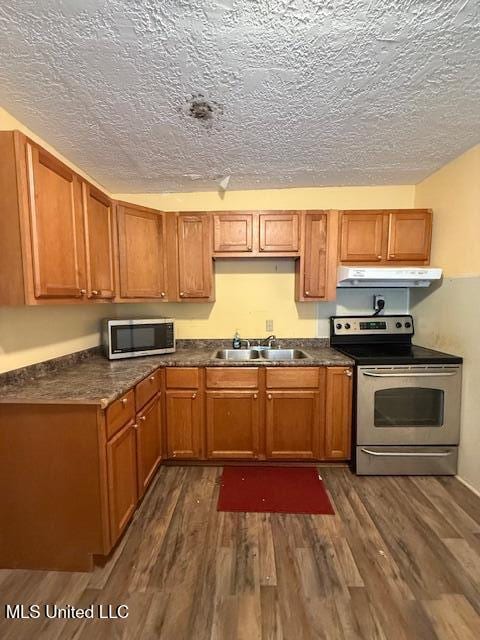 kitchen with sink, dark hardwood / wood-style floors, a textured ceiling, and appliances with stainless steel finishes