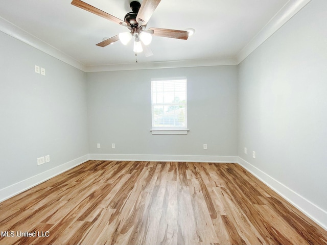 unfurnished room featuring crown molding, ceiling fan, and light wood-type flooring