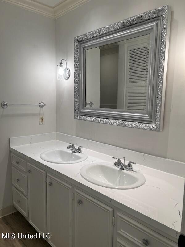 bathroom with vanity, hardwood / wood-style floors, and ornamental molding