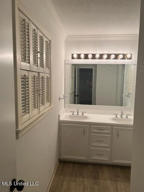 bathroom featuring vanity, crown molding, a textured ceiling, and wood-type flooring