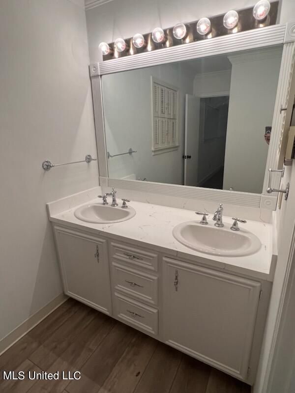 bathroom featuring vanity and wood-type flooring