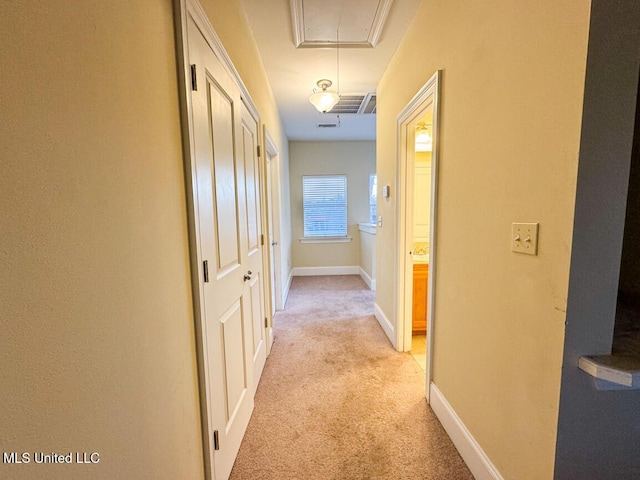 hallway with light colored carpet