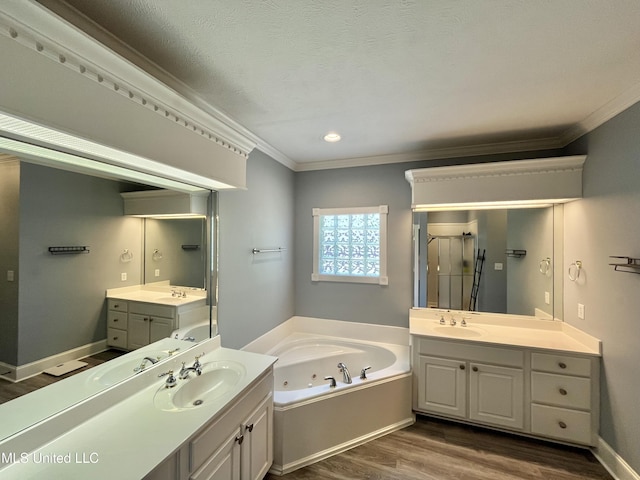 140 Whisper Lake Blvd, Madison, MS 39110 - full bathroom with crown molding, wood finished floors, a shower stall, a jetted tub, and two vanities