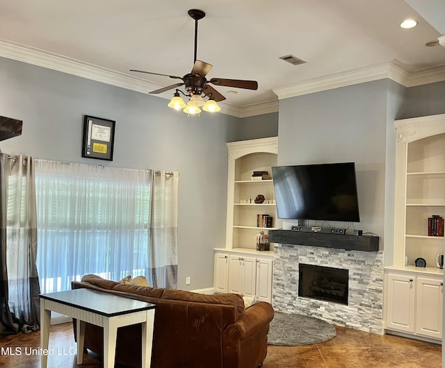 140 Whisper Lake Blvd, Madison, MS 39110 - living room with a ceiling fan, a stone fireplace, built in shelves, ornamental molding, and recessed lighting