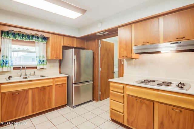 820 Lackland Dr, Biloxi, MS 39532 - kitchen featuring freestanding refrigerator, a sink, under cabinet range hood, electric cooktop, and light countertops