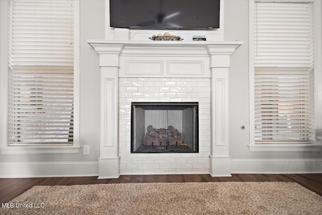 details with a fireplace and wood-type flooring