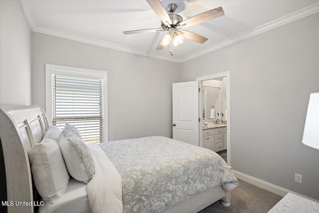 bedroom featuring ceiling fan, ornamental molding, ensuite bathroom, and carpet