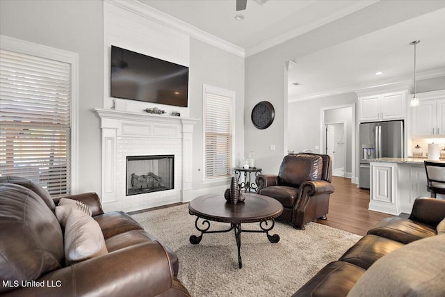 living room with ornamental molding and dark hardwood / wood-style flooring