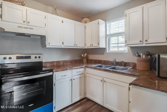 kitchen with white cabinetry, electric stove, dark wood-type flooring, and sink