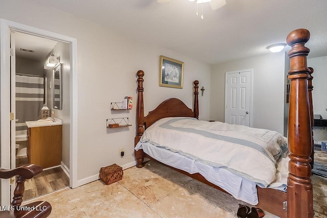 bedroom with ceiling fan and light wood-type flooring