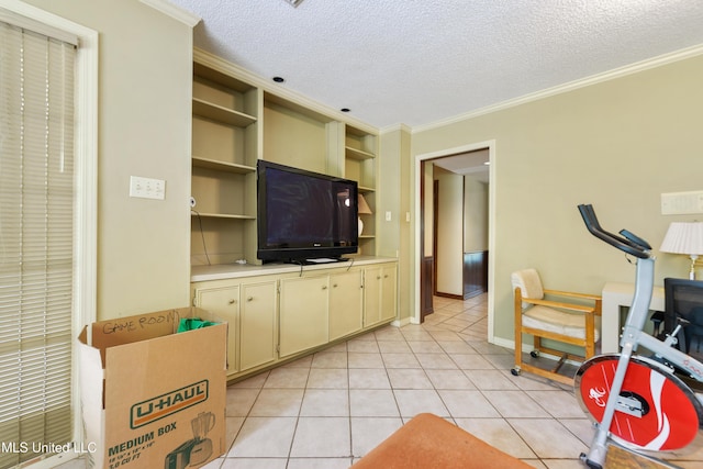 524 Champlin St, Gulfport, MS 39507 - workout area featuring ornamental molding, a textured ceiling, light tile patterned flooring, and built in features