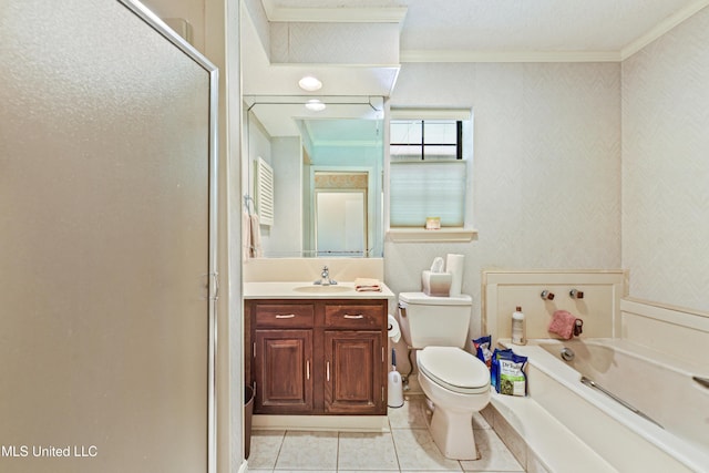 524 Champlin St, Gulfport, MS 39507 - bathroom featuring crown molding, toilet, a stall shower, tile patterned floors, and a garden tub