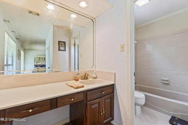524 Champlin St, Gulfport, MS 39507 - bathroom with wallpapered walls, crown molding, toilet, vanity, and tile patterned flooring