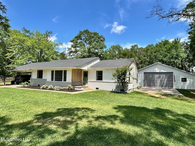 308 College St, Carthage, MS 39051 - ranch-style house featuring crawl space, an outbuilding, a garage, a front lawn, and a shingled roof