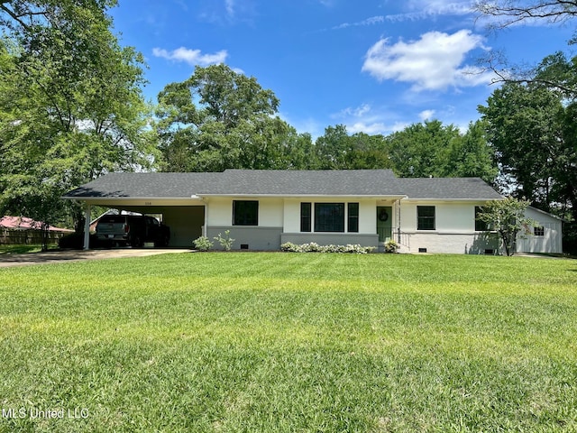 308 College St, Carthage, MS 39051 - ranch-style home featuring a shingled roof, a front lawn, an attached carport, crawl space, and concrete driveway