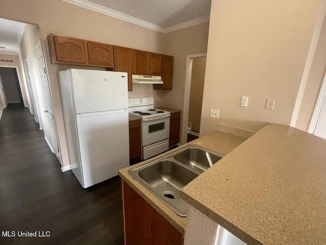 12205 Prudie Cir, Gulfport, MS 39503 - kitchen with white appliances, under cabinet range hood, a sink, crown molding, and dark wood-style floors