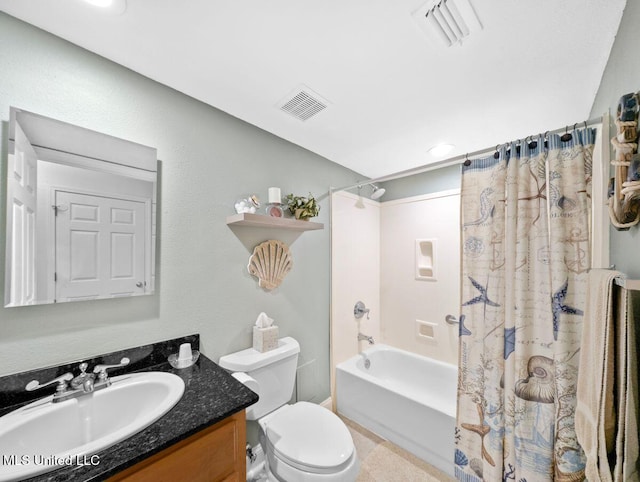 full bathroom with shower / bath combination with curtain, vanity, and toilet