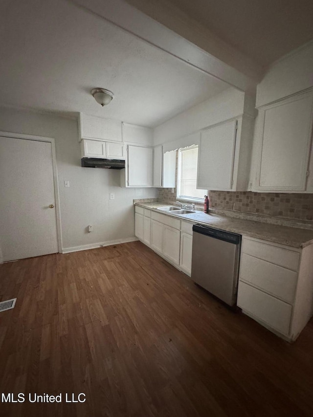 941 Dorgan St, Jackson, MS 39204 - kitchen with stainless steel dishwasher, dark wood finished floors, white cabinets, tasteful backsplash, and under cabinet range hood