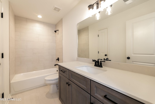 bathroom with toilet, visible vents, recessed lighting, washtub / shower combination, and vanity