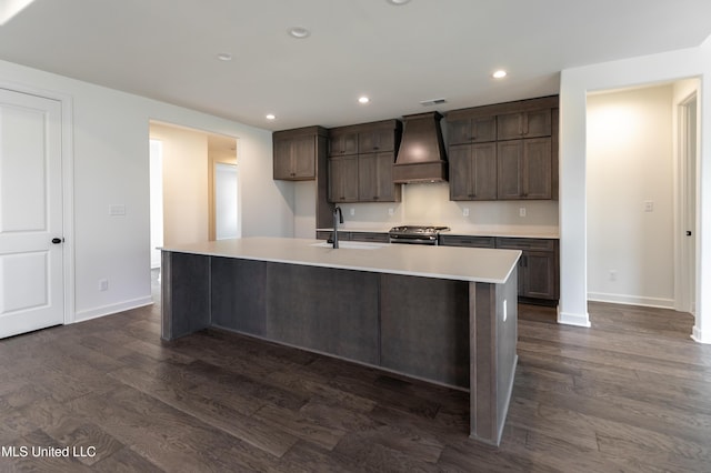 kitchen featuring dark wood-style floors, stainless steel gas stove, a sink, baseboards, and custom range hood