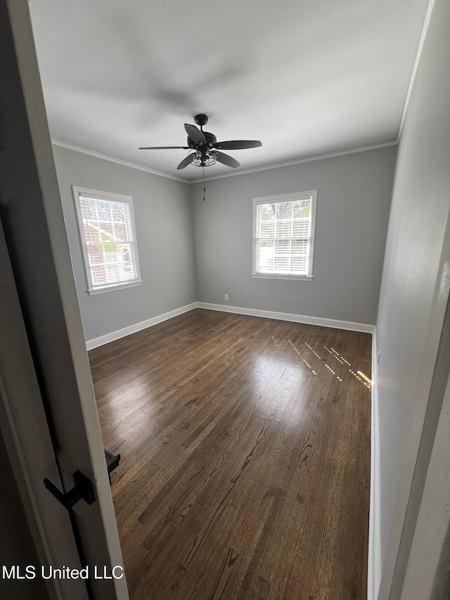 unfurnished room featuring dark wood finished floors, a healthy amount of sunlight, and crown molding