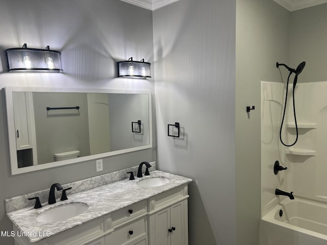 full bath featuring shower / tub combination, a sink, toilet, and double vanity