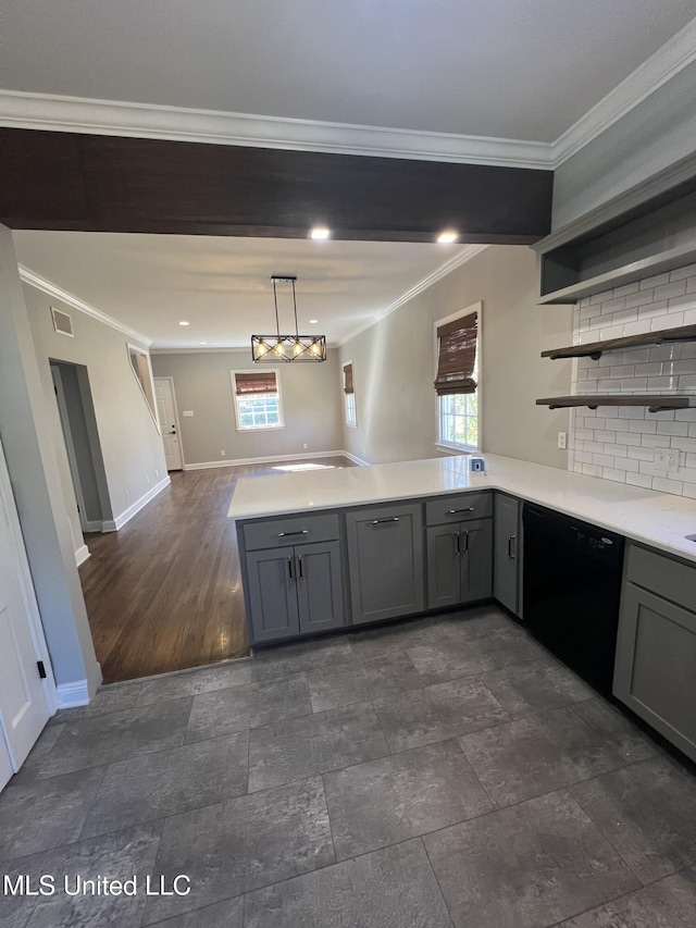 kitchen featuring black dishwasher, crown molding, open shelves, light countertops, and gray cabinetry