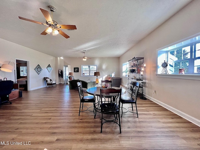 dining area with a textured ceiling, baseboards, and wood finished floors