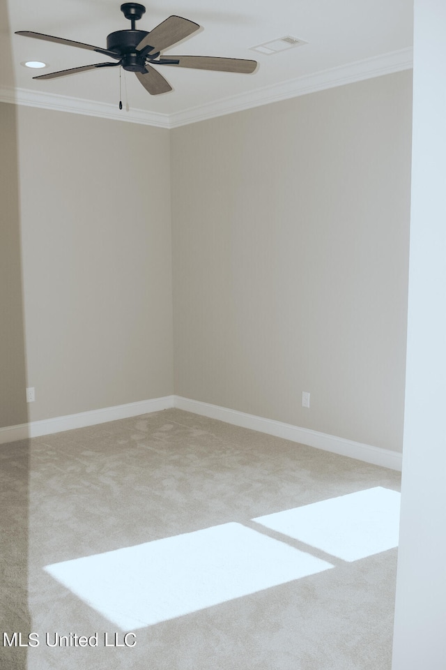 spare room with crown molding, carpet flooring, and ceiling fan