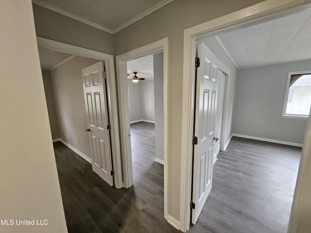 hall with crown molding, baseboards, and dark wood finished floors