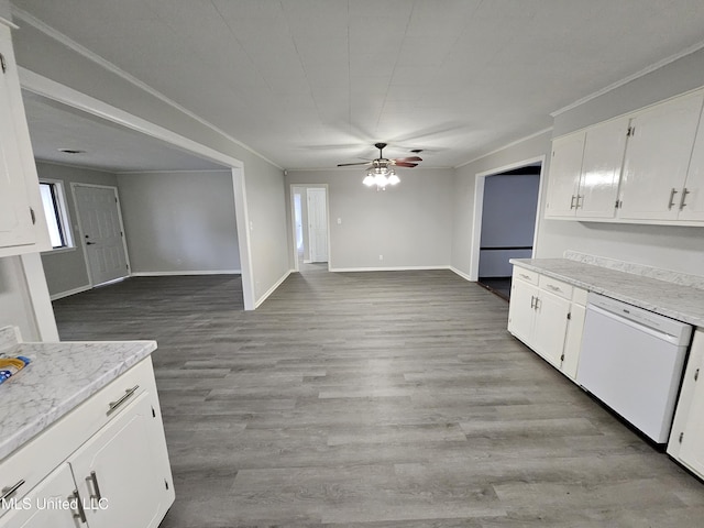 kitchen featuring white dishwasher, a ceiling fan, white cabinetry, and open floor plan
