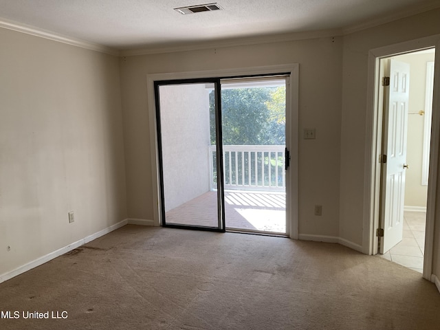 spare room with light carpet, crown molding, and a textured ceiling