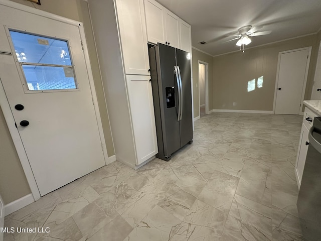 kitchen featuring dishwasher, white cabinets, crown molding, ceiling fan, and stainless steel refrigerator with ice dispenser